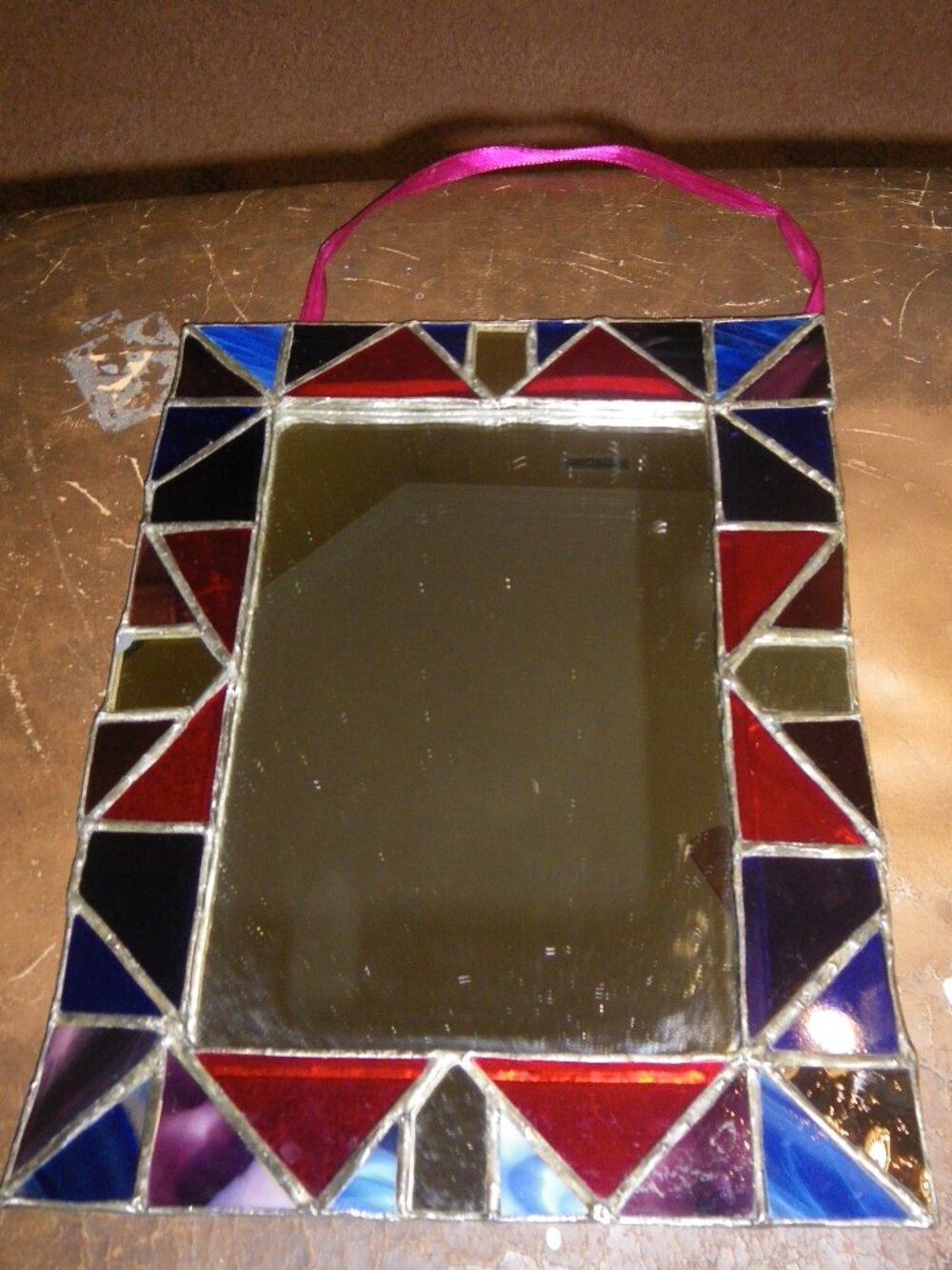 Vintage Handmade Stained Glass Bordered Mirror